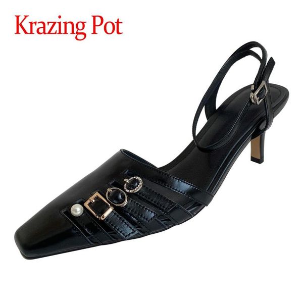 

sandals krazing pot genuine leather square toe high heel metal fasteners office lady vintage solid buckle straps mules women l42, Black