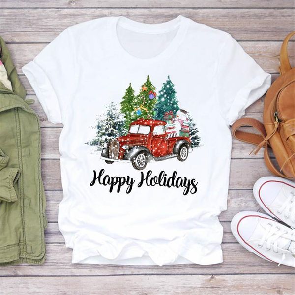 

snow tree truck holiday 90s women t shirt year merry christmas print tshirts clothes graphic female tee, White