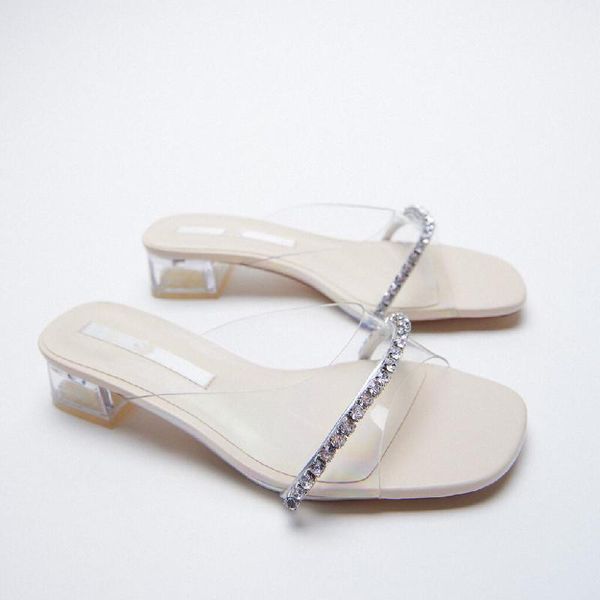 

sandals meriahzheng transparent rhinestone high-heeled 2021 summer thick-heeled casual wear open-toed half-drag lj, Black