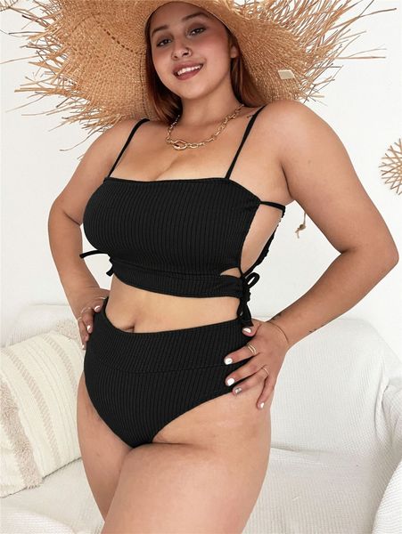 

plus tie side bikini swimsuit 55d6#, Black