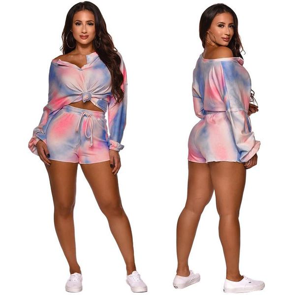 

women's tracksuits women o neck tie dye print crop and shorts set casual 2 pieces clothes outfits, Gray