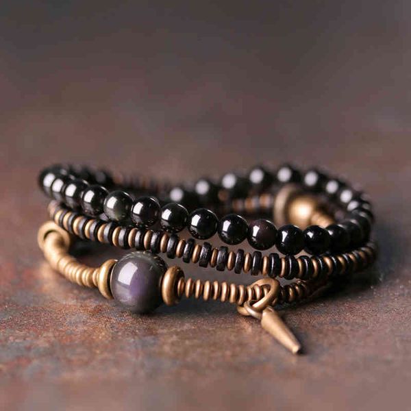 

curved tail flower obsidian mixed with copper beads multi-layer bracelet female personality versatile hand string male jewelry, Golden;silver