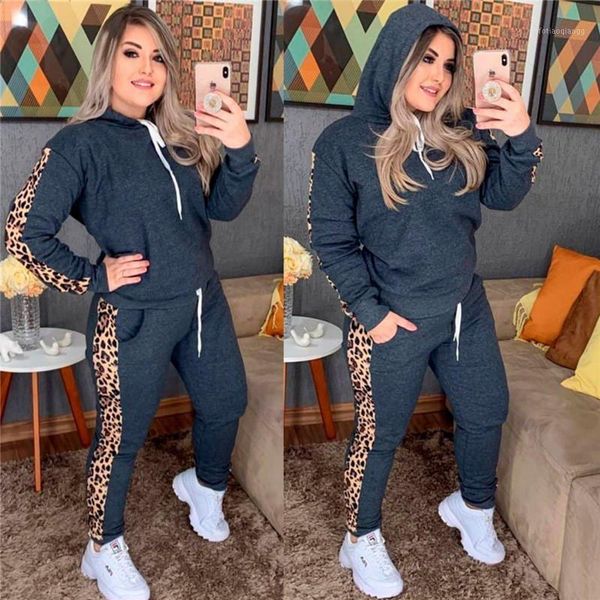 

autumn two piece set women hooded tracksuit leopard printed pullover and pants sportswear casual female clothes women's tracksuits, Gray
