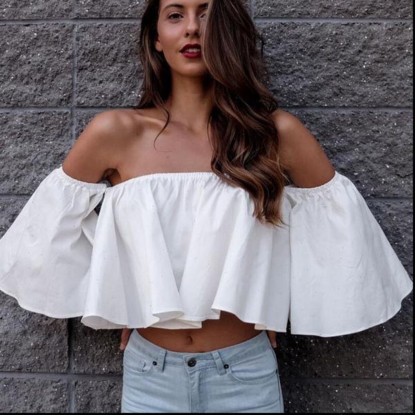 

spring summer flare sleeve womens shirts off shoulder solid crop cropped pullovers costume, White