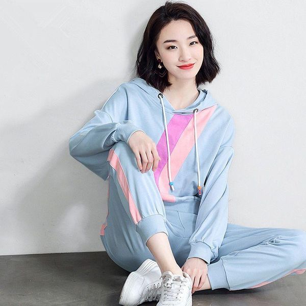 

running sets spring autumn women's sports suit korean fashion loose splicing thin long-sleeved coat casual gym sportswear two-piece, Black;blue