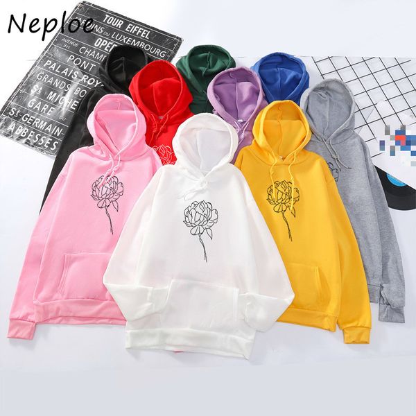 

neploe flower print big pockets hoodies women long sleeve hooded sweatshirt new all-match fashion sweet pullovers hoody 210423, Black