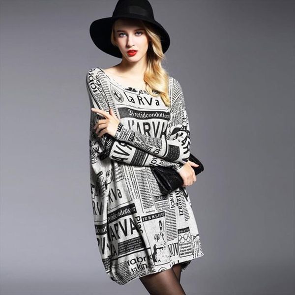 

womens clothing ladies winter women sweater casual long sleeve knitted newspaper print sweaters female batwing big yard pullovers, White;black