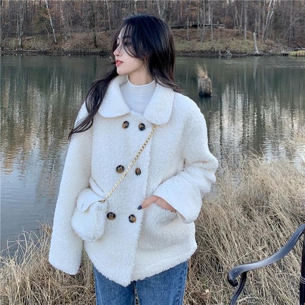 

women's wool & blends 2021the korean fashion winter jacket women loose short paragraph single-breasted lapel coats solid color coat, Black
