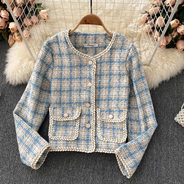

women's jackets [ewq] korea chic 2021 autumn fashion o-neck single breasted long sleeve plaid tweed jacket female 16r394, Black;brown