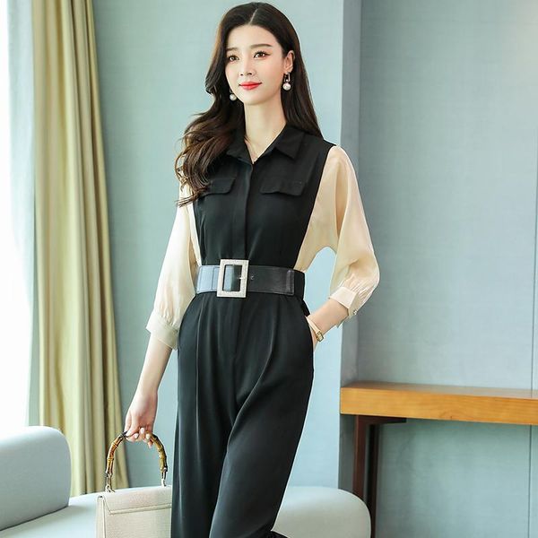 

women's jumpsuits & rompers 2021 summer patchwork wide leg women chiffon fashion elegant casual turn down collar ol slim romper sashes, Black;white