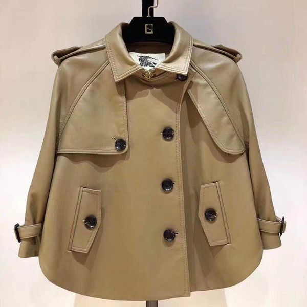 

women's leather & faux 2021 fashion casual korean 7 / 4 sleeve cape fashionable coat short b, Black