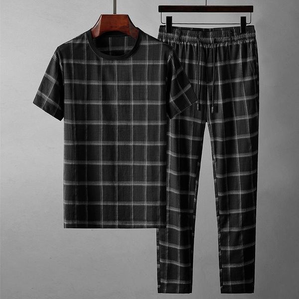 

men's tracksuits spring summer male sets (t-shirt+pants) luxury short sleeve plaid mens fashion slim fit elastic waist man 4xl, Gray