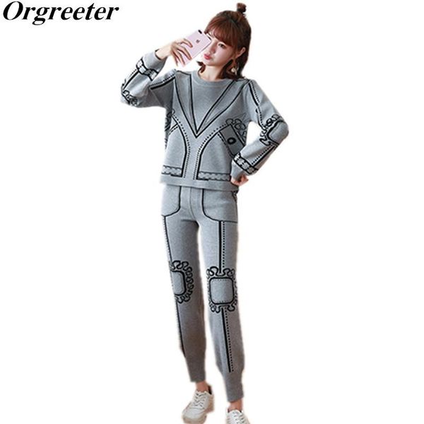 

women's two piece pants printing knitted casual sportsuit tracksuit women long sleeve pullover sweater and pant set 2021 autumn winter, White