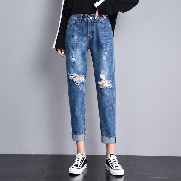 

ripped jeans for women 2021 loose harem pants fashion hole boyfriend ladies casual ankle length washes denim trousers women's, Blue