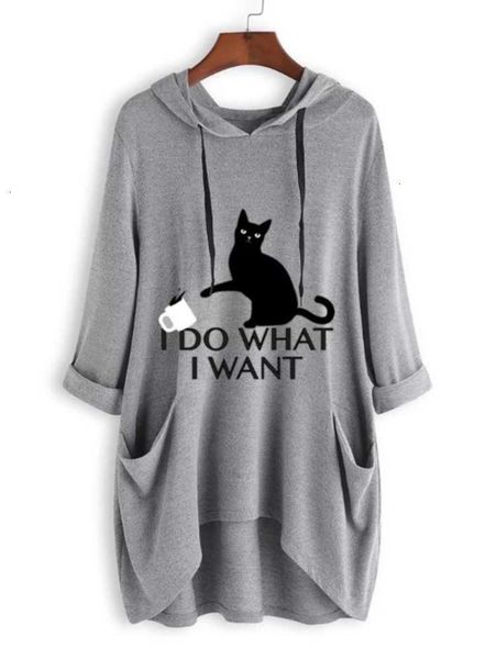 

long medium casual dresses sve hooded loose t-shirt large women's cat print irregular, Black;gray