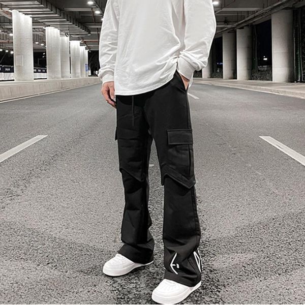 

men's pants harajuku vibe multi-pockets casual trousers mens high street letter embroidery flare loose straight overalls, Black