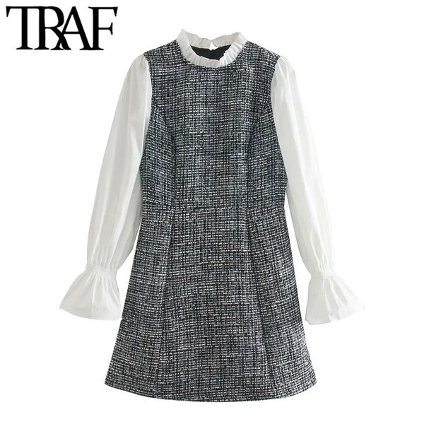 

traf women sweet fashion patchwork check tweed mini dress vintage lantern sleeve back zipper female dresses mujer 210415, Black;gray