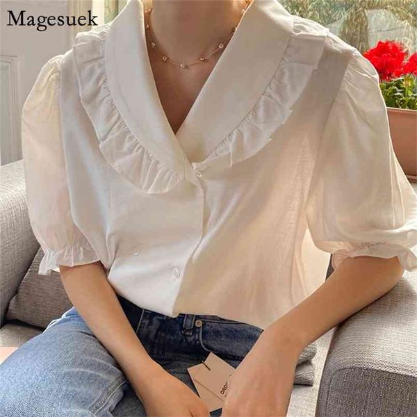 

korean sweet turn-down collar ruffled shirt woman chic puff short sleeve white women blouses elegant ladies blusas 14364 210512