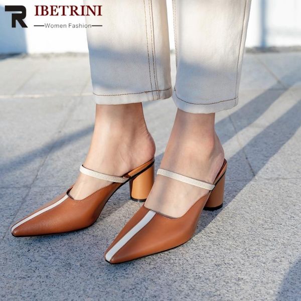 

dress shoes ribetrini office women genuine leather mixed color slip on round heels casual mules summer handmade, Black