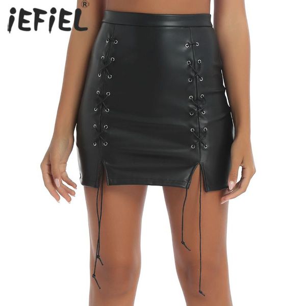 

skirts iefiel women fashion pu leather high waist pencil skirt ladies side split back zipper leotard lace-up mini for night party, Black