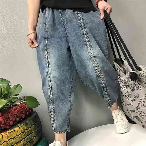 

arrival spring women loose casual elastic waist harem pants all-matched cotton denim patchwork ankle-length jeans w350 210512, Blue