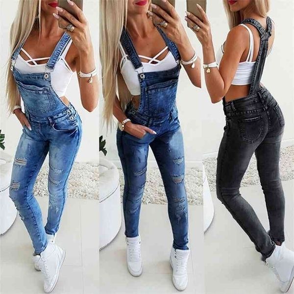 Salopette di jeans Jean Fashion Skinny Casual Tuta strappata Salopette a figura intera Pantaloni attillati estivi 210809