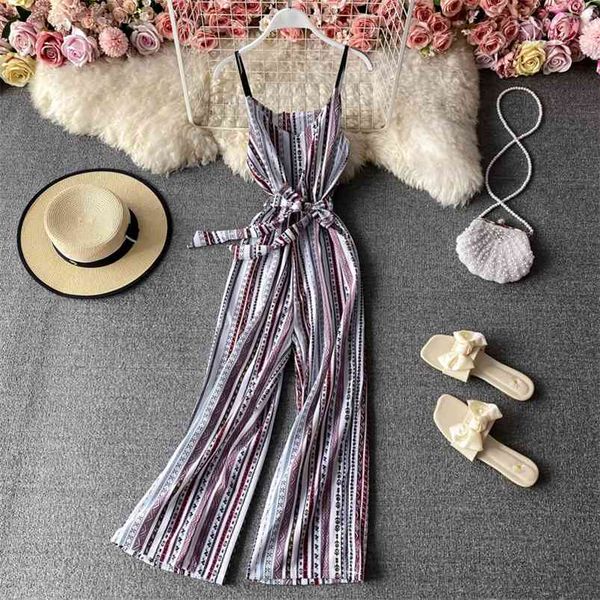 

summer retro fashion suspender jumpsuit female print v-neck open back sleeveless waist belt wide leg holiday wind c148 210507, Black;white