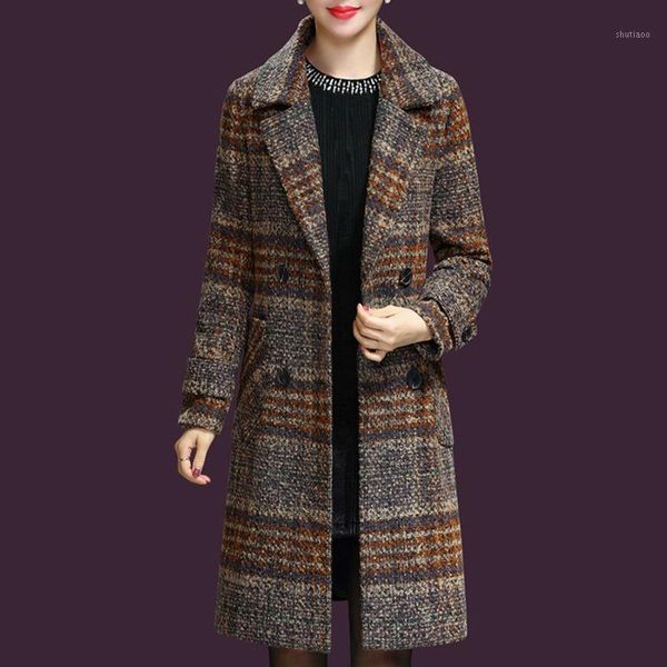 

women's wool & blends women mid-length korean woolen suit collar coat 2021 female autumn winter clothing plaid buttons jacket a258, Black