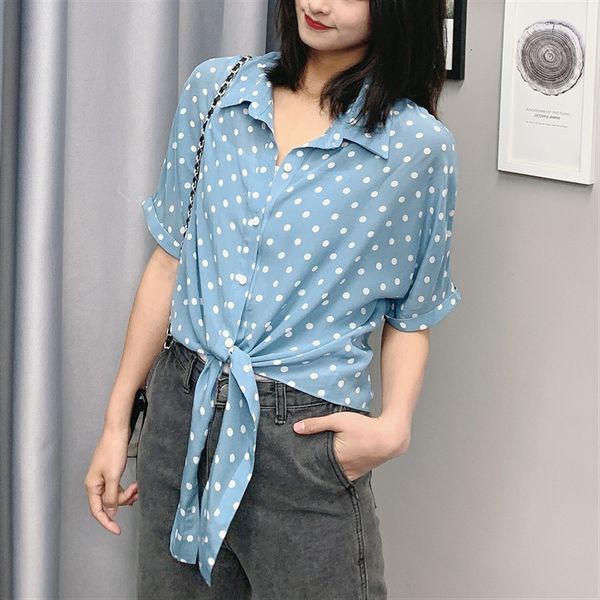

t shirt women's 100% pure silk short sleeve shirt blouse bow tie style blue dots  jn088, White