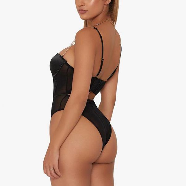 

black mesh transparent bodysuit metal chain straps backless bodysuits bodycon jumpsuit fashion club party bodycon jumpsuit, Black;white