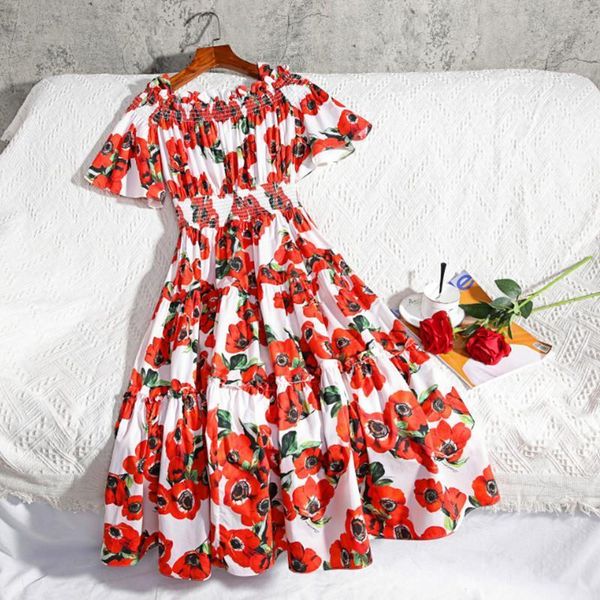 

women dress runway designer flower summer cold cut out shoulder slash neck red rose floral print sundress party, Black;gray
