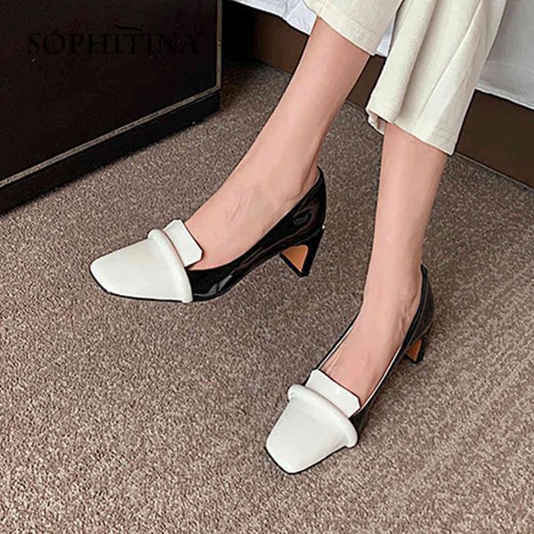 

sophitina pumps woman bright leather patchwork green black square toe shallow high square heel office lady shoes pb46 210513