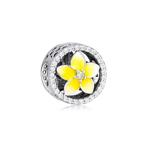 CKK DIY amarelo Plumeria Flower Charms se encaixa pandora pulseira 925 prata esterlina miçangas de metal jóias fazendo berloques kralen