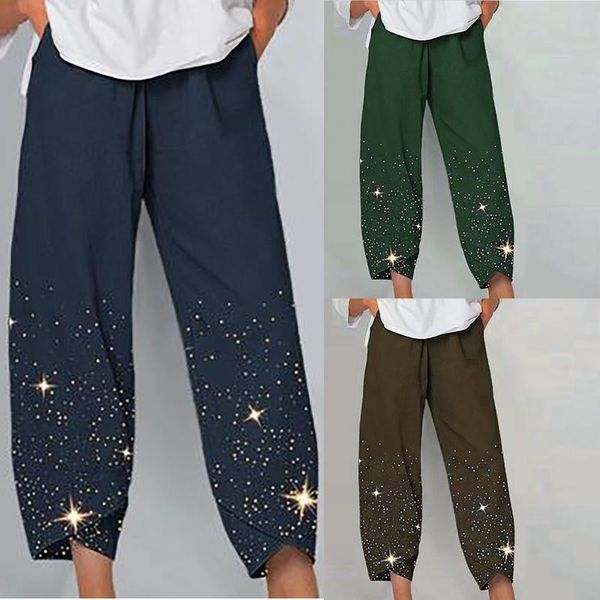 

women's leggings women vintage pants casual star print elastic waist workout sports wide leg trousers summer plus size pantalones, Black