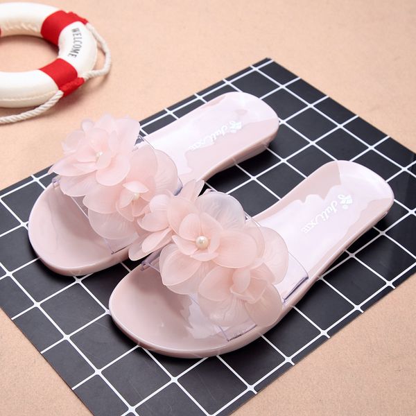 

new summer slippers women shoes woman flower crystal jelly cool slides fashion flat bottom transparent non slip beach shoes y0406, Black
