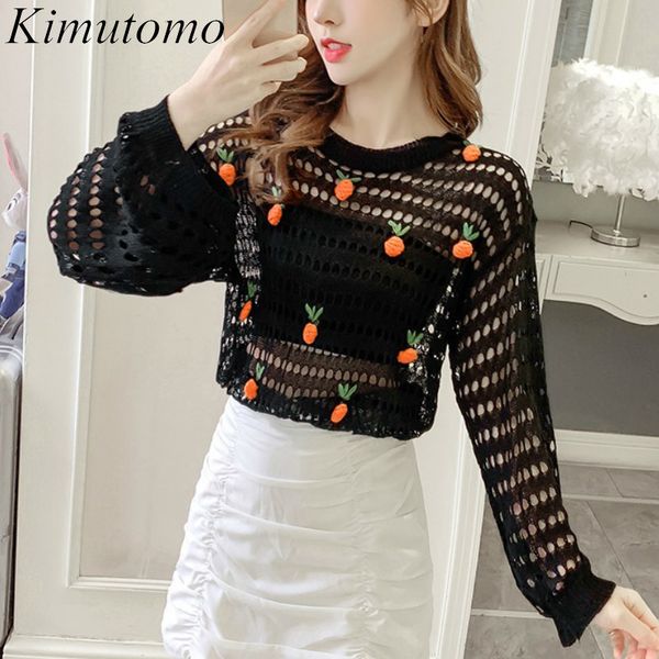 

kimutomo chic hollow out sweater women spring fashion ladies o-neck cartoon long sleeve thin outwear casual 210521, White;black