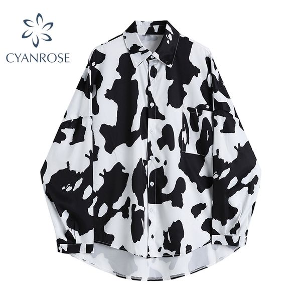 

women's cow print streetwear cardigan blouses oversized retro long sleeve harajuku shirts female summer fashion tide 210430, White