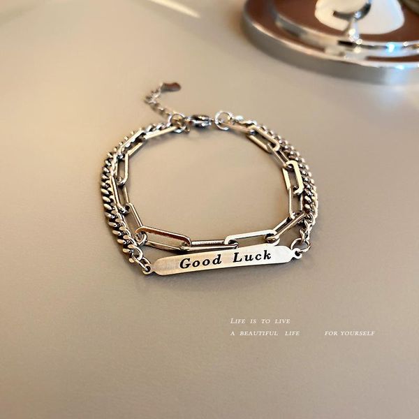 

charm bracelets titanium steel good luck letter double layer retro folded bracelet for women temperament jewelry, Golden;silver