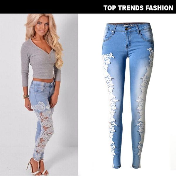 

wind women's wear side lace yarn empty denim pants small leg thin, Blue