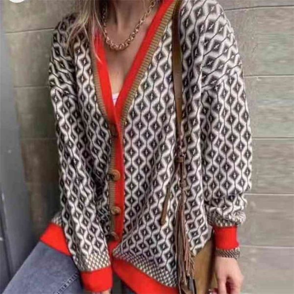 

women sweater knitted houndstooth cardigan v-neck jumper loose casual lady female clothes lattice single-breasted buttons 210914, White;black