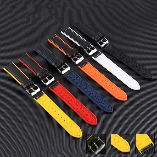 

watch bands carbon fiber rubber watchband 22mm 20mm black with white red blue orange yellow line strap for men women accessories tools, Black;brown