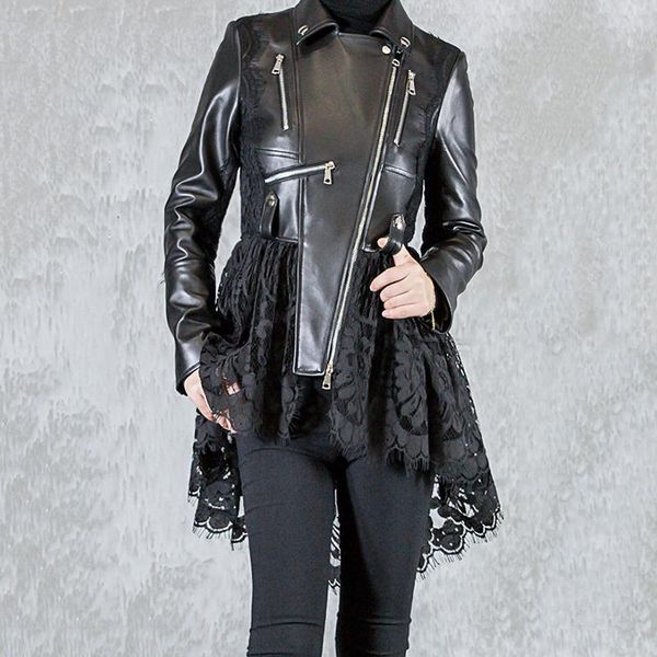 

women's leather & faux woman real coats natural sheepskin female jacket fashion genuine clothing lace decoration, Black