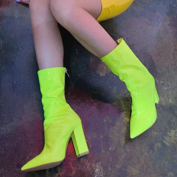 

candy color bright pointed thick high-heeled fashion leather boot, Black