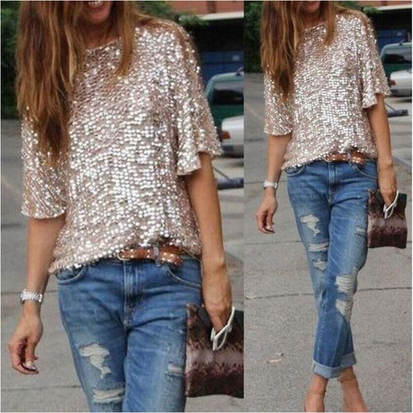 

women's blouses & shirts fashion women loose off shoulder sequin glitter summer casual vintage streetwear party, White
