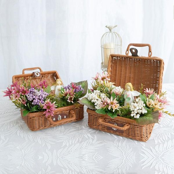 

simulation retro garden floral suitcase picnic basket fake flower home decoration rattan arrangement decorative flowers & wreaths