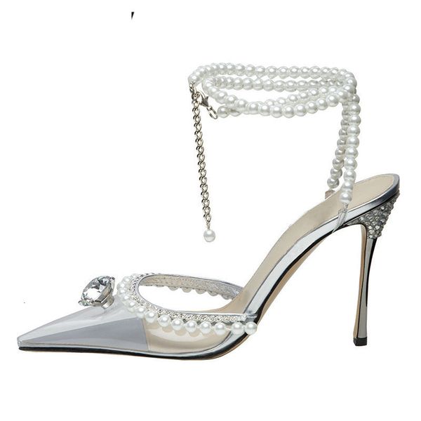 

sandals women ankle strap pearl rhinestone summer dress party high heels shoes clear pvc pointed toe fairy 375a, Black