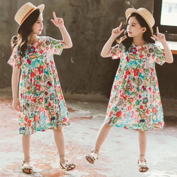 

girls summer dresses 2021 children floral short sleeved dress bohemian elegant princess party girl clothing 2-12 years girl's, Red;yellow