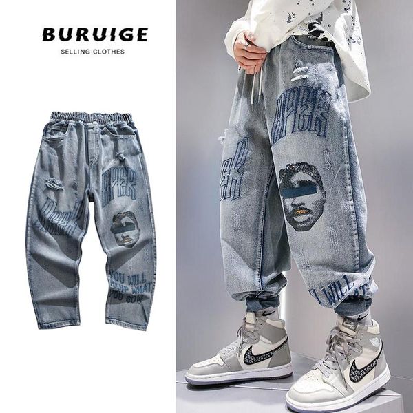 

men's jeans ripped american print casual loose vintage trousers man blue streetwear wide-leg pants handsome straight baggy denim