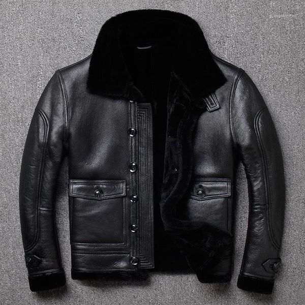 

men's leather & faux real fur sheep shearing genuine jacket men natural wool coat for mens clothing plus size casaco 803 yy763, Black