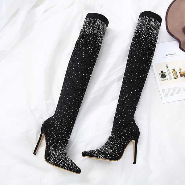 

boots 2021 women's long high knee shoes female rhinestone crystal thight ladies sock botas elastic heels, Black
